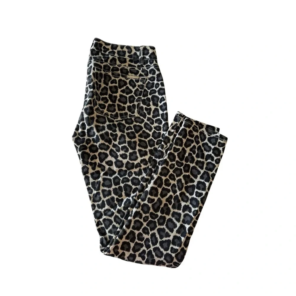 Michael Kors Leopard‎ Print Skinny Jeans Black Grey Silver Zip Pants Womens 2